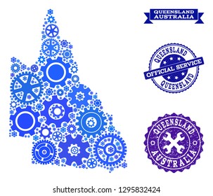 Map of Australian Queensland created with blue engine components, and isolated rubber watermarks for official repair services.