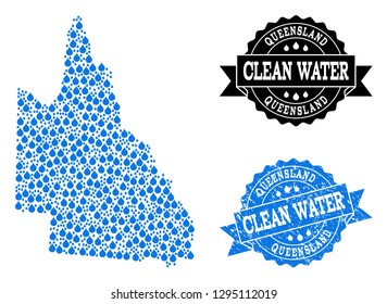 Map of Australian Queensland vector mosaic and clean water grunge stamp. Map of Australian Queensland formed with blue water raindrops. Seal with grunge rubber texture for clean drinking water.