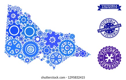 Map of Australian Victoria formed with blue gear symbols, and isolated scratched watermarks for official repair services.