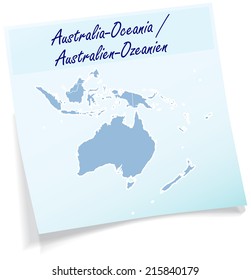 Map of australia-oceania as sticky note in blue