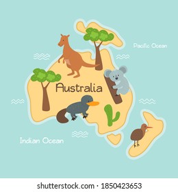 Map of Austratia, animals and plants set. Wildlife map with animals and plants from Austratia continents. Abstract sign and icon in kawaii style. Vector illustration