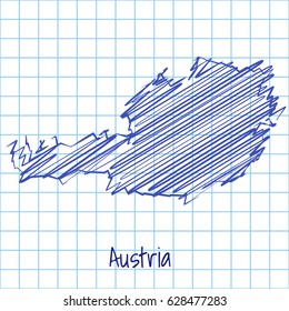 Map of Austria, blue sketch abstract background. The hand drawn map on school grid background texture. scribble pan vector illustration
