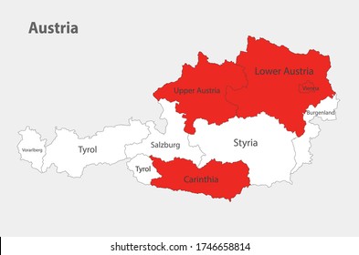 Map of the Austria in the colors of the flag with administrative divisions vector
