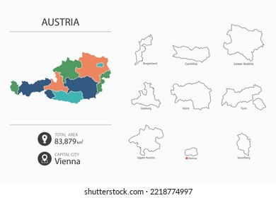 Map of Austria with detailed country map. Map elements of cities, total areas and capital.