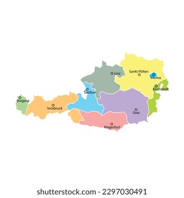 Map of Austria with division to region on color. With city's name in region. Flat design with national flag. Vector illustration.
