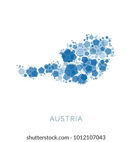 map of Austria filled with abstract mosaic of pentagons of random sizes and degrees of transparency on white background