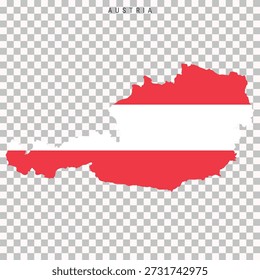 Mapa de Austria lleno de colores de la bandera nacional, aislado sobre fondo transparente. Silueta de mapa político adecuado para la geografía, los viajes, la educación y el diseño infográfico europeo.