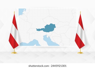 Map of Austria and flags of Austria on flag stand. Vector illustration for diplomacy meeting.