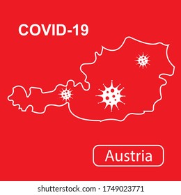 Map of Austria labeled "Epidemic and Quarantine." White outline map of Austria on a red background. Vector illustration of a virus, coronavirus, epidemiology.