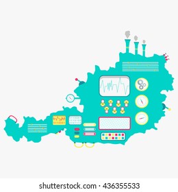 Map of Austria like a cute apparatus with buttons, panels and levers. Isolated. White background.

