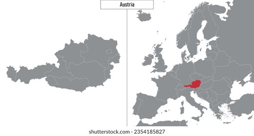 map of Austria and location on Europe map. Vector illustration