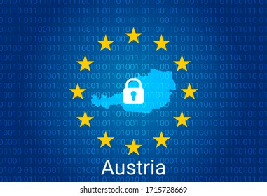 Map of Austria, with lock and binary code background. europe union internet blocking, virus attack, privacy protect. vector illustration