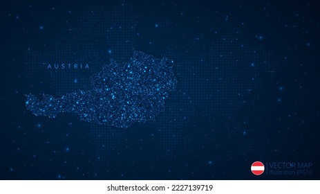 Mapa del diseño moderno de Austria con formas poligonales sobre fondo azul oscuro. Esferas de malla de alambre de negocios a partir de escombros voladores. Concepto de ilustración vectorial de estilo de estructura azul.