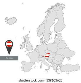 Map of Austria with an official flag. Location in Europe