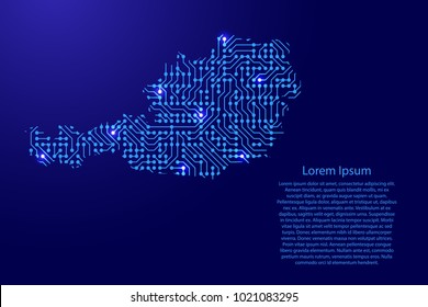 Map Austria from printed board, chip and radio component with blue star space on the contour for banner, poster, greeting card, of vector illustration.
