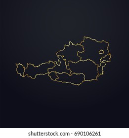 Map of Austria. Austria region map: golden gradient outline on dark background. Detailed map of Austria regions. Vector illustration.