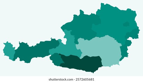 Map of Austria with regions. Just a simple country border map with region division. Teal color palette. Flat Austria shape with administrative division. Vector illustration.