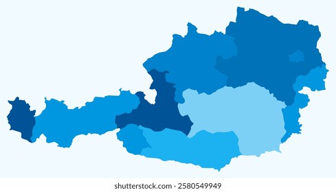 Map of Austria with regions. Just a simple country border map with region division. Light blue color palette. Blank Austria shape with administrative division. Vector illustration.