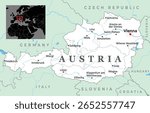 Map of Austria showing major cities including Vienna, borders with neighboring countries, and its location in Central Europe