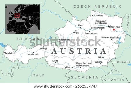 Map of Austria showing major cities including Vienna, borders with neighboring countries, and its location in Central Europe