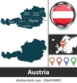 Map of Austria with  states and location on European map. Vector image