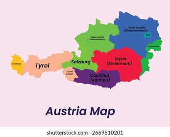 Mapa de Áustria, Mapa de Áustria indica vetor Ilustração. Burgenland, Caríntia, Baixa Áustria, Alta Áustria, Salzburgo, Estíria, Tirol (Tirol), Vorarlberg, Viena
