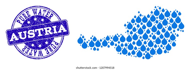 Map of Austria vector mosaic and Pure Water grunge stamp. Map of Austria formed with blue water tears. Seal with retro rubber texture for natural drinking water.