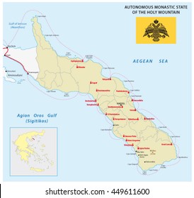 map of the Autonomous Monastic State of the Holy Mountain with flag, Greece 