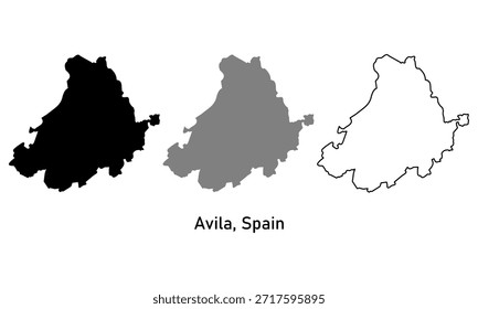 Mapa de Ávila, uma província da Espanha. Mapa com vários estilos de contornos, preto e cinza.