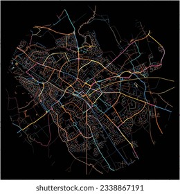 Map of Aylesbury, South East England with all major and minor roads, railways and waterways. Colorful line art on black background.