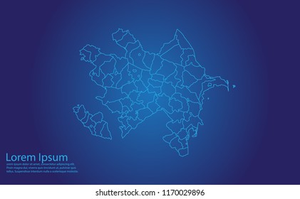Map of azerbaijan - With glowing point and lines scales on the dark gradient background. azerbaijan map with country borders, thin Blue outline on Dark background.