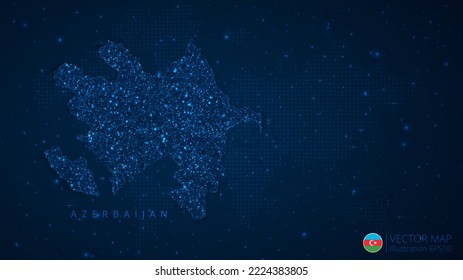 Map of Azerbaijan modern design with polygonal shapes on dark blue background. Business wireframe mesh spheres from flying debris. Blue structure style vector illustration concept.