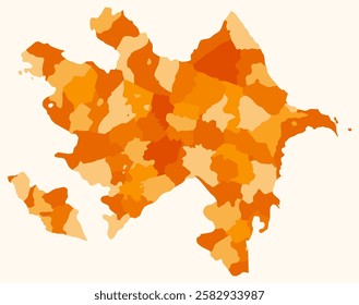 Map of Azerbaijan with regions. Just a simple country border map with region division. Orange color palette. Plain Azerbaijan shape with administrative division. Vector illustration.