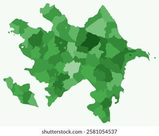 Map of Azerbaijan with regions. A simple country border map with regional divisions. Green color palette. Blank Azerbaijan shape with administrative division. Vector illustration.