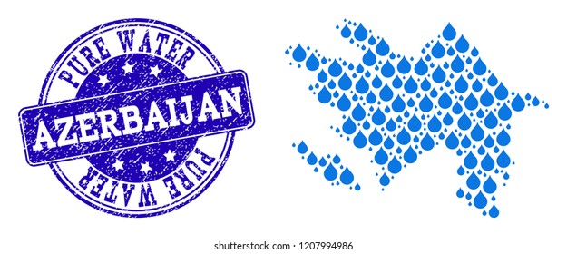 Map of Azerbaijan vector mosaic and Pure Water grunge stamp. Map of Azerbaijan composed with blue water dews. Seal with retro rubber texture for clean drinking water.