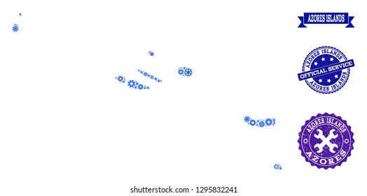 Map of Azores Islands composed with blue engine symbols, and isolated scratched watermarks for official repair services.