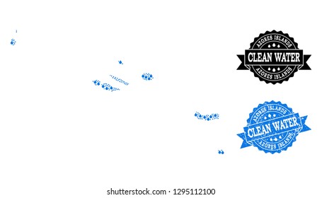 Map of Azores Islands vector mosaic and clean water grunge stamp. Map of Azores Islands formed with blue aqua drops. Seal with corroded rubber texture for clean drinking water.