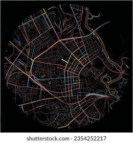 Map of Babruysk, Voblasć with all major and minor roads, railways and waterways. Colorful line art on black background.