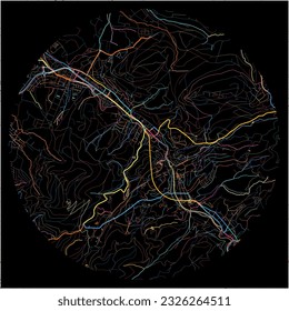 Map of Baden-Baden, Baden-Wuerttemberg with all major and minor roads, railways and waterways. Colorful line art on black background.