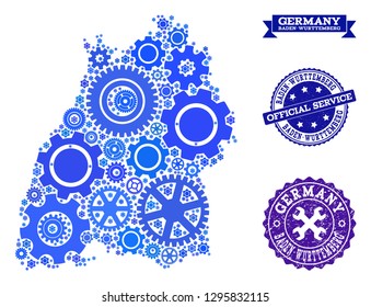 Map of Baden-Wurttemberg State designed with blue wheel symbols, and isolated rubber stamps for official repair services.