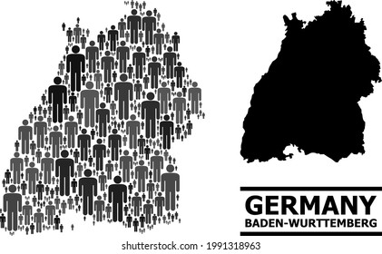 Map of Baden-Wurttemberg State for national applications. Vector population collage. Collage map of Baden-Wurttemberg State constructed of men elements.