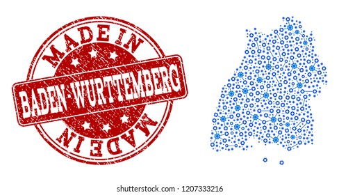 Map of Baden-Wurttemberg State vector mosaic and Made In grunge stamp. Map of Baden-Wurttemberg State formed with blue wheel links. Made in red seal with scratched rubber texture.