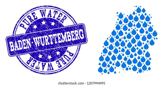 Map of Baden-Wurttemberg State vector mosaic and Pure Water grunge stamp. Map of Baden-Wurttemberg State composed with blue liquid dews. Seal with grunge rubber texture for pure drinking water.