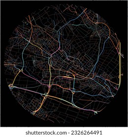 Map of BadHomburgvorderHohe, Hesse with all major and minor roads, railways and waterways. Colorful line art on black background.