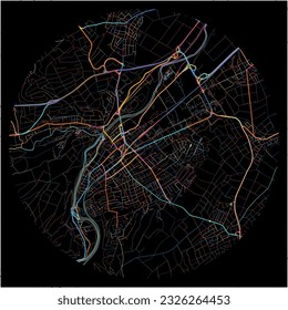 Map of BadKreuznach, Rheinland-Pfalz with all major and minor roads, railways and waterways. Colorful line art on black background.