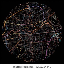 Map of BadOeynhausen, North Rhine-Westphalia with all major and minor roads, railways and waterways. Colorful line art on black background.