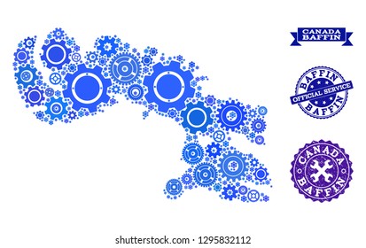 Map of Baffin Island composed with blue cog symbols, and isolated rubber watermarks for official repair services. Vector abstract mosaic of map of Baffin Island with repair symbols in blue shades.