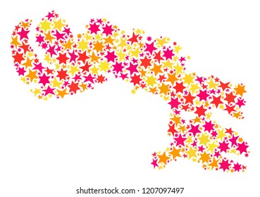 Map of Baffin Island composed with colored flat stars. Vector colored geographic abstraction of map of Baffin Island with red, yellow, orange stars. Festive collage design for holiday illustrations.