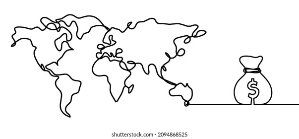 Map with bag of dollars as line drawing on white background. Vector