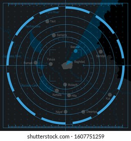 Map of the Baghdad area in gray tones under blue radar. Vector image